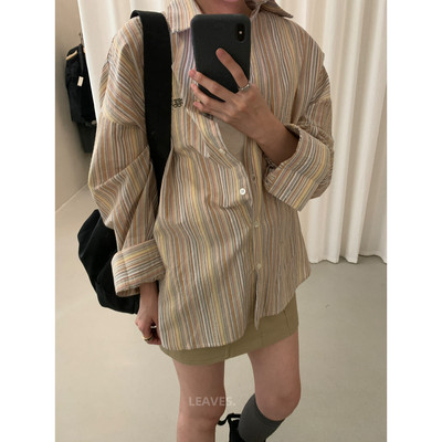 LEAVES叶子家韩版时尚新款休闲egg绣花条纹舒适宽松衬衫上衣女装