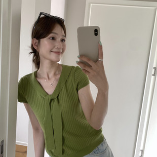 MISS密思家韩系氛围感领口绑带设计甜美气质坑条针织衫上衣女春季