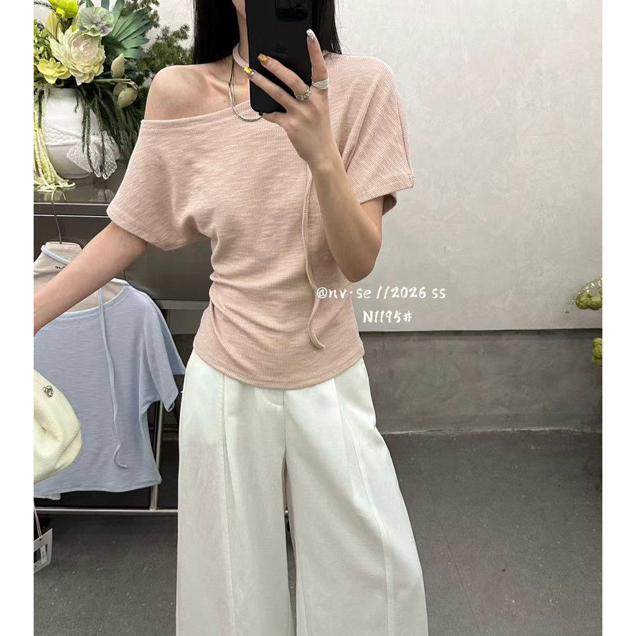 女色夏季休闲宽松慵懒极简露肩飘带舒适百搭显瘦短袖T恤上衣女装