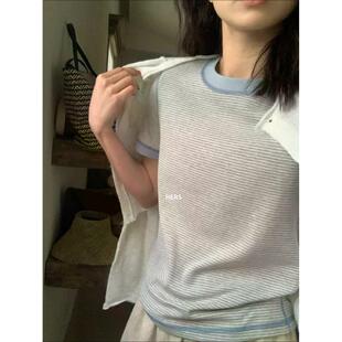 Hers简约圆领套头时尚 T恤女夏 休闲宽松小众调调撞色条纹正肩短袖