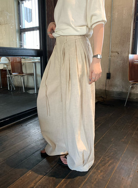 KITTIN春季简约高腰风格宽松版型麻料压褶直筒阔腿裤休闲裤女装