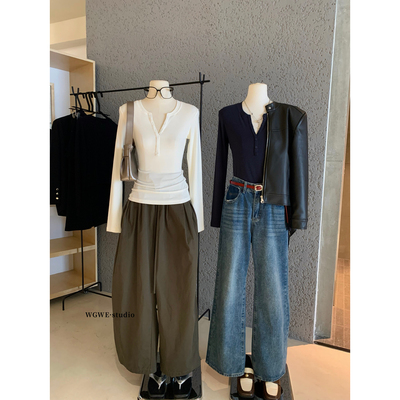 WGWE半排扣V领设计感内搭打底修身显瘦针织上衣长袖T恤女2025新款