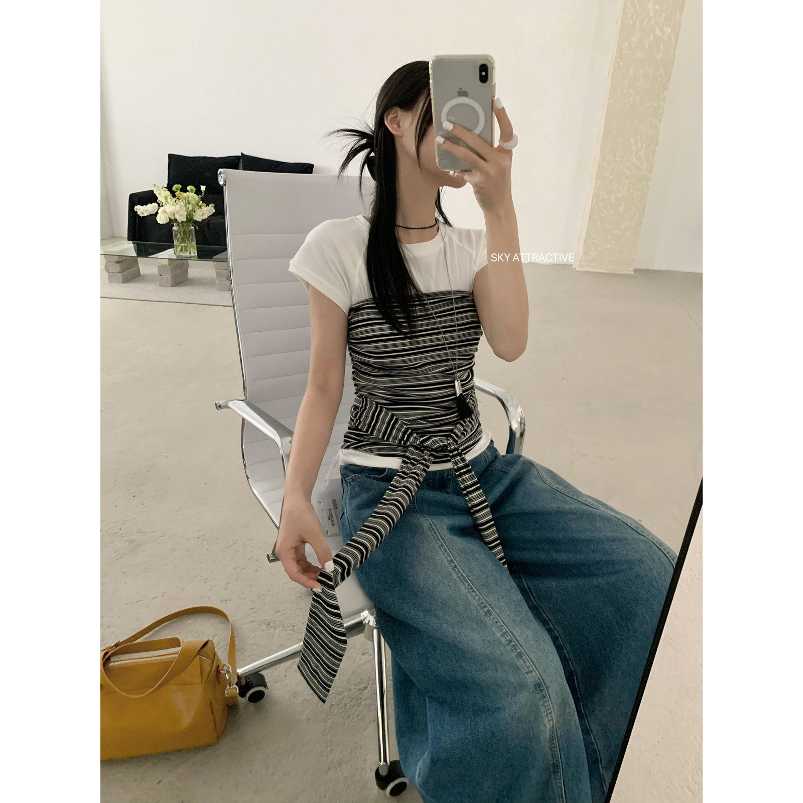 SKY韩系圆领修身显瘦休闲短袖T恤+背心条纹绑带针织抹胸套装女夏