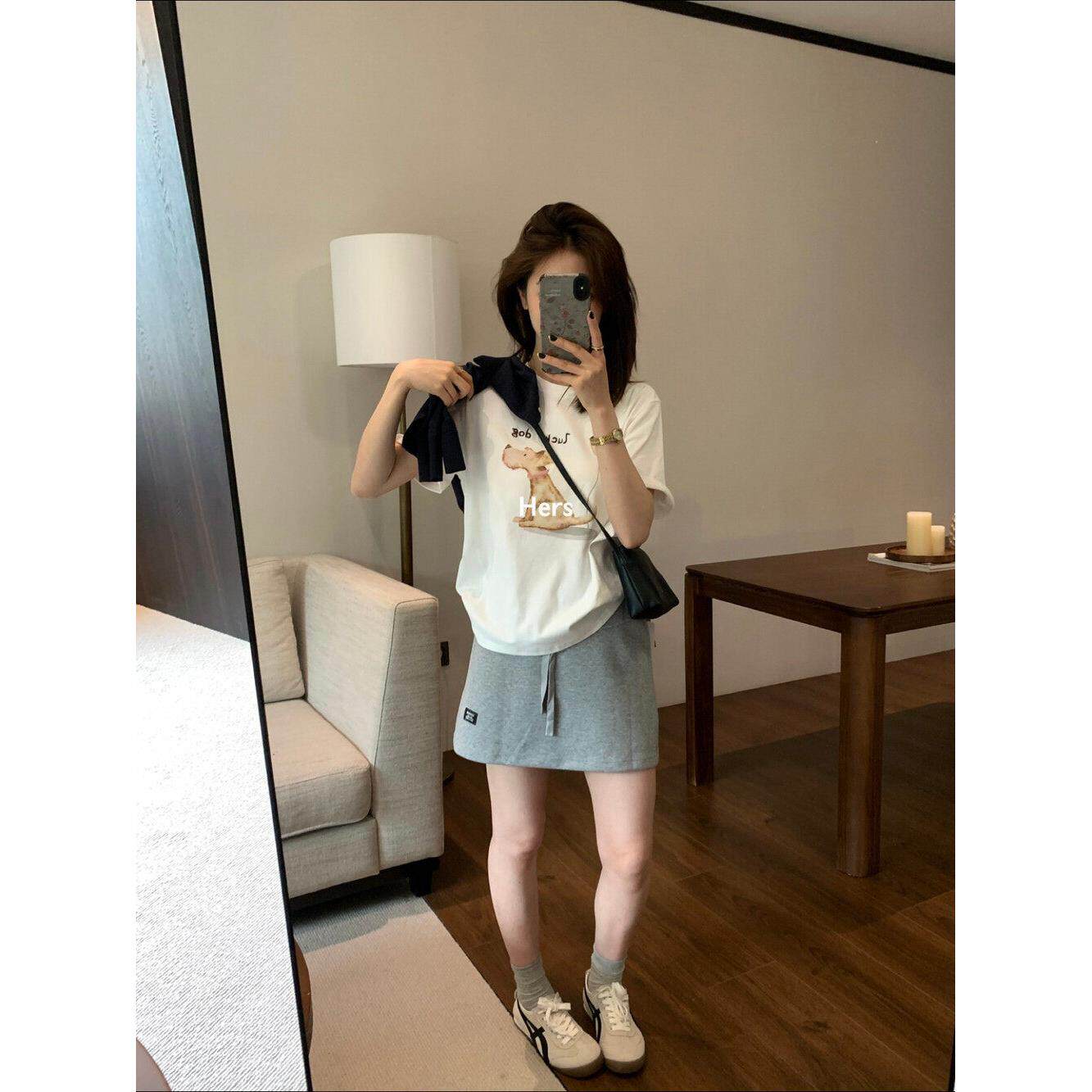Hers简约宽松休闲圆领字母刺绣小狗卡通图案印花短袖T恤女夏季