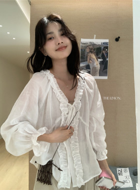 THE LIMON柠檬绿茶韩系休闲修身显瘦V领木耳边防晒苎麻小衫女装