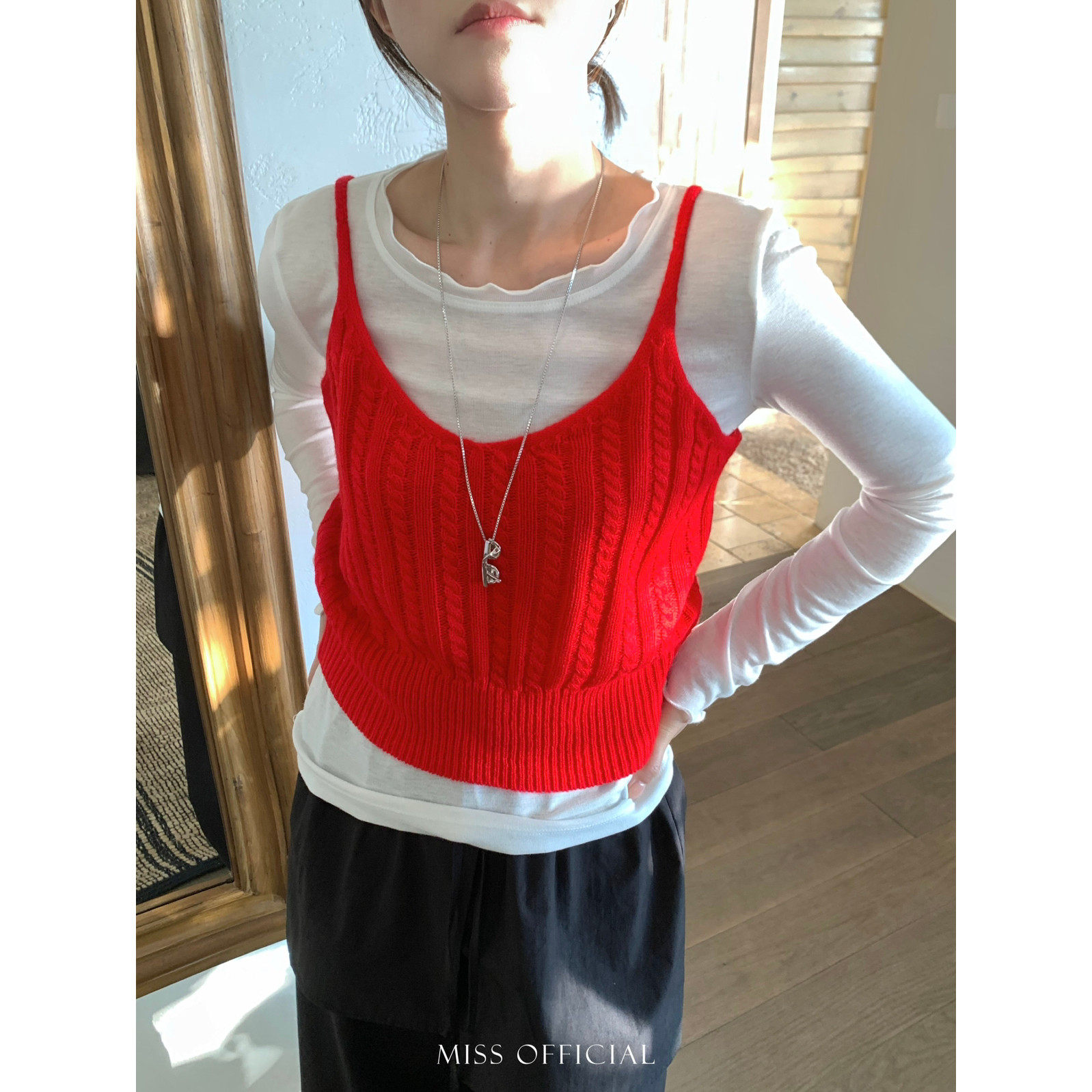 MISS密思家韩系休闲宽松修身叠穿显瘦麻花吊带针织马甲女(单背心)