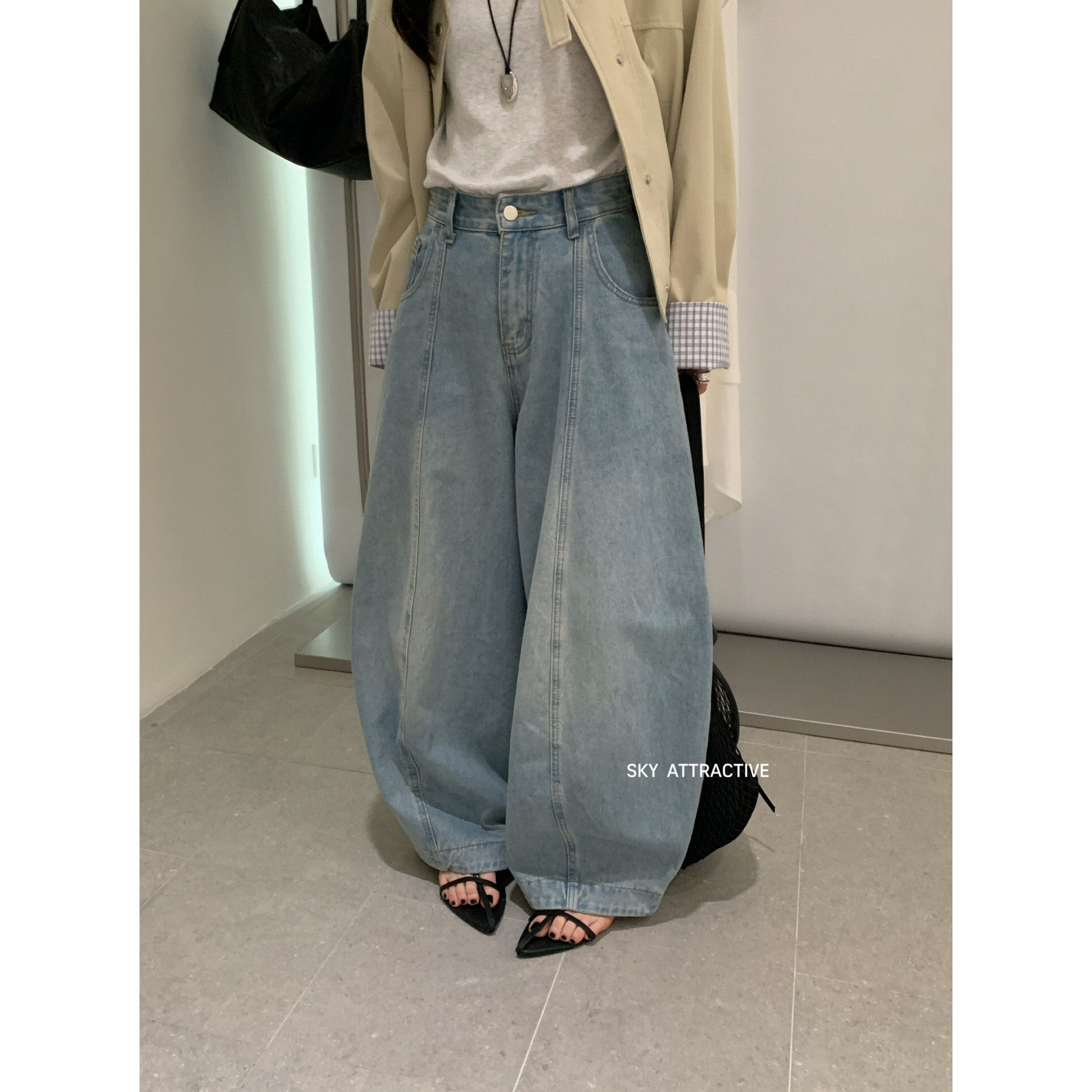SKY韩系复古高腰高级显瘦慵懒风休闲宽松弯刀气球阔腿牛仔裤女春