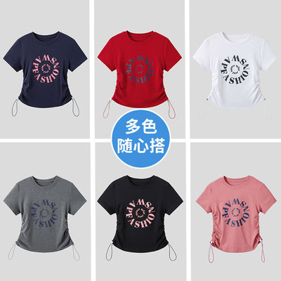 2026广场舞夏季新款洋气百搭抽绳短袖美式字母印花正肩t恤女上衣