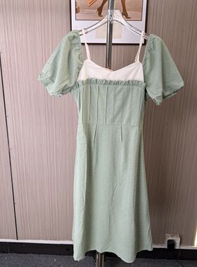 2017撤柜NH收腰夏季泡泡绿色显瘦气质法式新款清新长裙裙子连衣裙