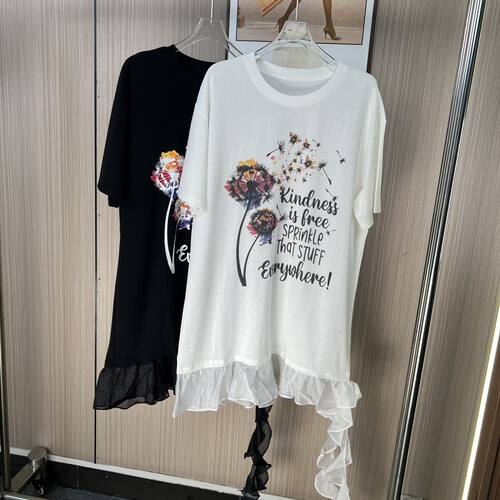 1368品牌撤柜女装夏季新款拼接设计款天丝棉中长款T恤女宽松版
