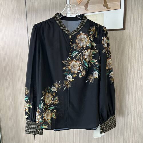 6236品牌撤柜FS春夏款烫钻花色长袖衬衫女式宽松版上衣