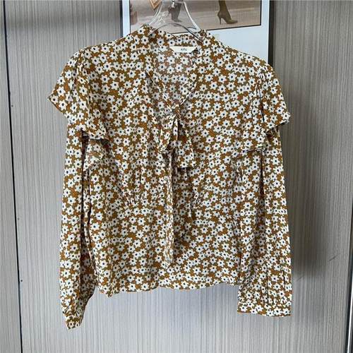 9101品牌撤柜ATU春装碎花女装荷叶长袖遮肚新款洋气减龄雪纺小衫