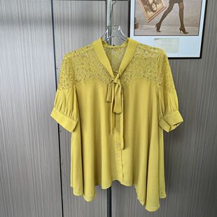 7005撤柜cg大码女装短袖衬衫夏季新款蝴蝶结雪纺衬衣上衣