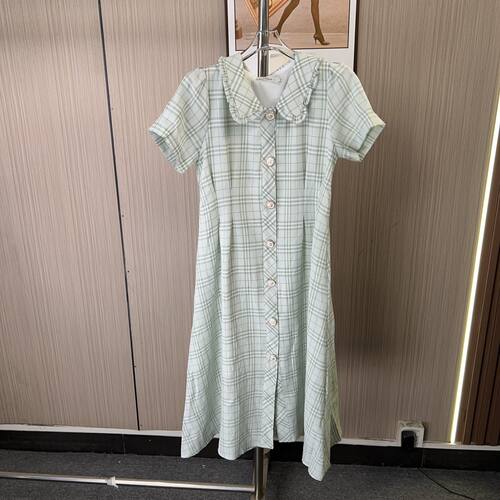 0206撤柜AL法式复古格纹衬衫夏季新款连衣裙收腰气质格子长裙