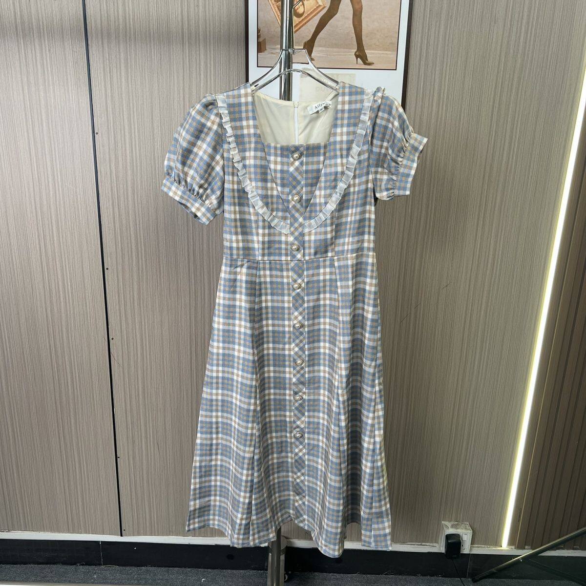 2570撤柜AL连衣裙学院新款夏季法式气质格纹收腰长裙