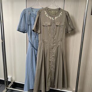 9659品牌剪标麻料短袖夏季收腰新款中长款连衣裙气质衬衫法式裙子