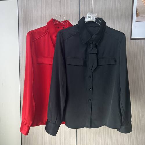 7858品牌撤柜剪标2026秋装新款长袖醋酸黑色衬衫女单排扣休闲衬衣