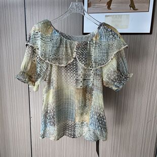 8520撤柜剪碎花短袖苎麻小衫新款宽松荷叶设计上衣套头印花衬衫夏