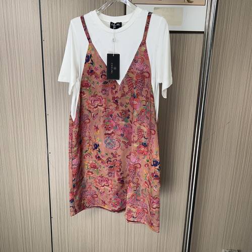 5957品牌撤柜CH夏季新款假两件新中式碎花连衣裙女短袖圆领裙子