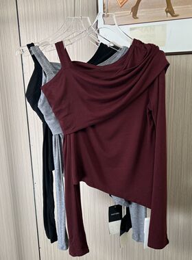 6018撤柜DS秋季不规则交叉T恤2025新款斜肩修身长袖显瘦打底上衣