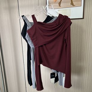 6018撤柜DS秋季不规则交叉T恤2025新款斜肩修身长袖显瘦打底上衣