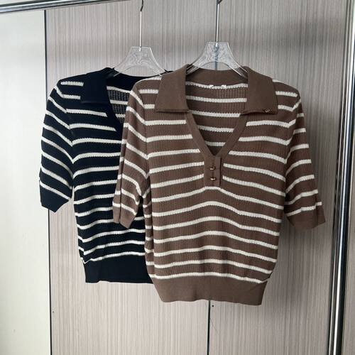 6668撤柜剪标女装新款海军复古条纹POLO针织通勤短袖上衣针织衫