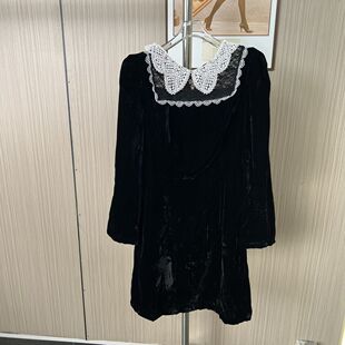 751品牌撤柜ST时尚女装新款蕾丝领口长袖复古裙子黑色连衣裙