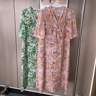 0016撤柜南油货连衣裙网纱夏季新款气质洋气收腰显瘦短袖碎花裙子
