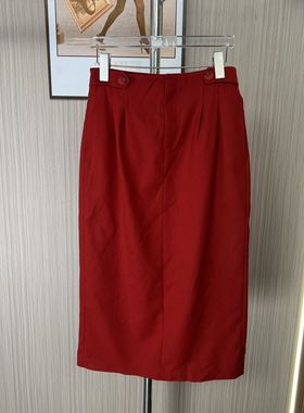 6026撤柜DS红色2025半身裙新款高腰纯色通勤显瘦开叉长裙