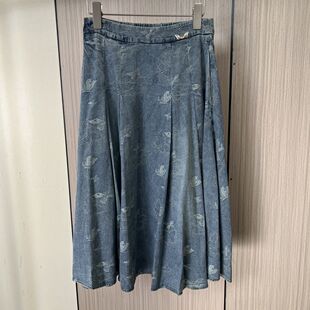 9092品牌撤柜剪标夏季新款刺绣印花半身裙女装过膝款牛仔裙中长款