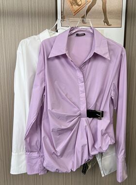 7002撤柜DS韩版设计Polo皮带收腰显瘦长袖衬衫秋季新款上衣衬衣