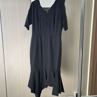 0414深圳南油黑色连衣裙品牌气质夏季 收腰裙子mm显瘦 条纹短袖