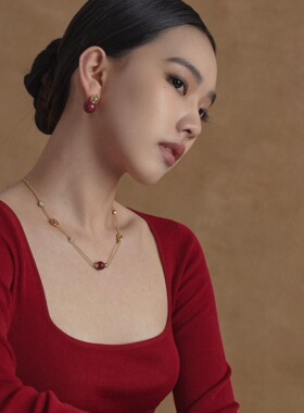 董生活明星同款福禄来朱砂葫芦毛衣链女新中式氛围感耳钉手链套装