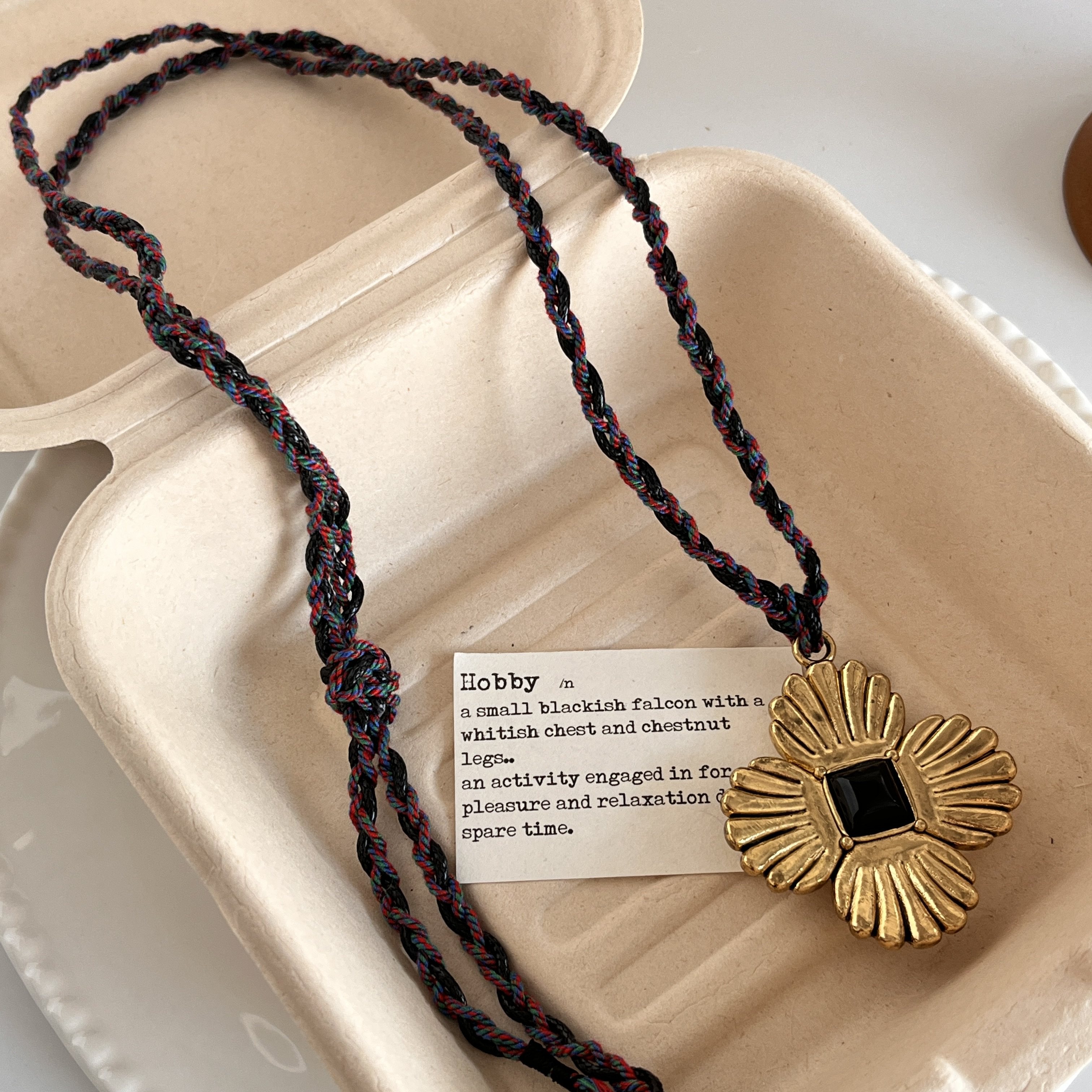 秋冬新款贝壳花编绳复古金银四叶草吊坠长款毛衣链可调节幸运草戒