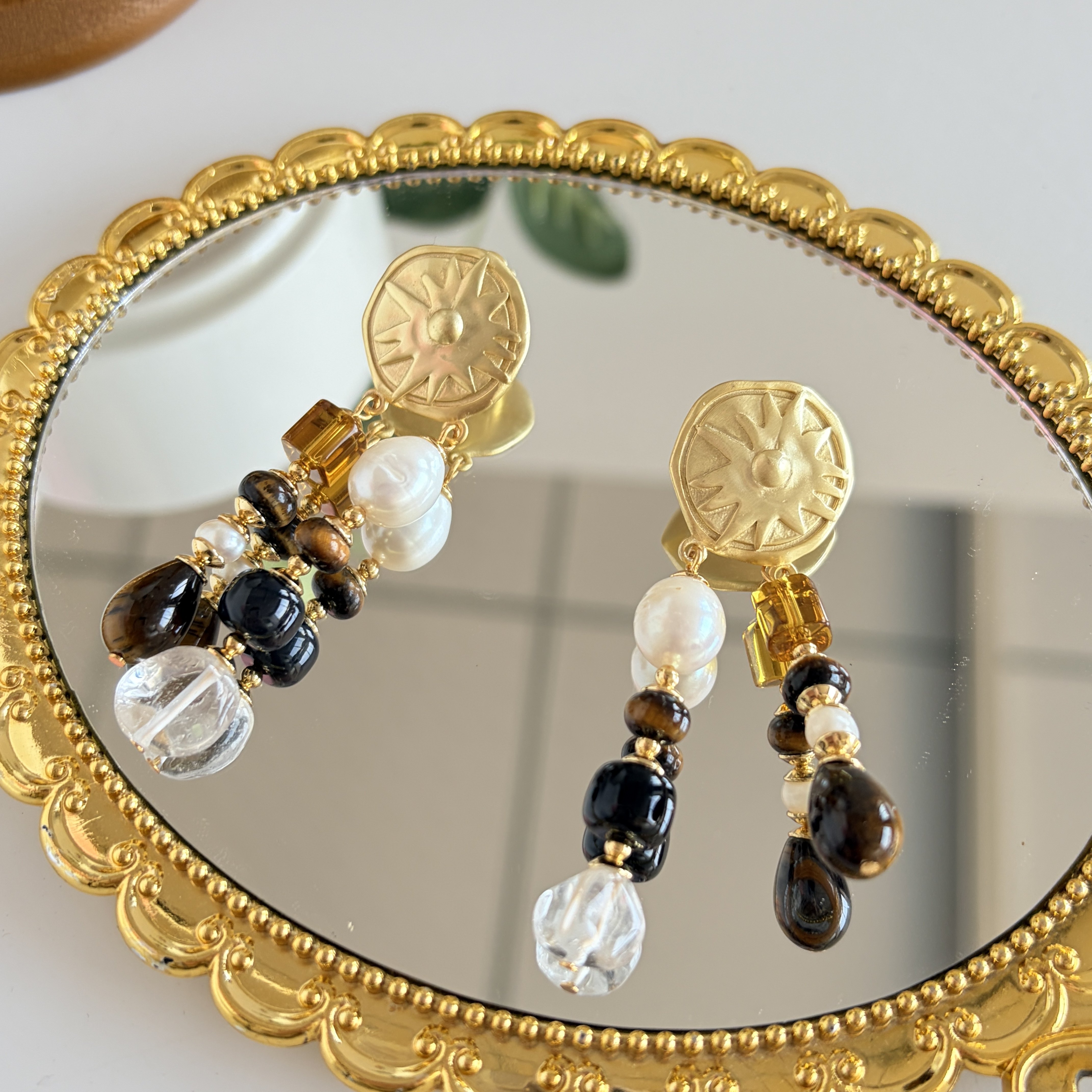 小众设计太阳虎眼石珍珠耳环女轻奢高级感波西米亚风流苏耳坠耳饰