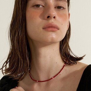 韩国mone同款复古水晶珊瑚红色手工串珠项链女chocker链戒指套装