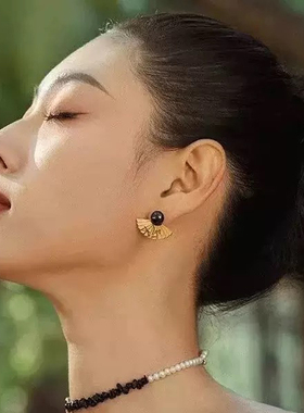 春兰折扇墨色耳钉故宫系列新中式文艺耳环925银针国风耳饰