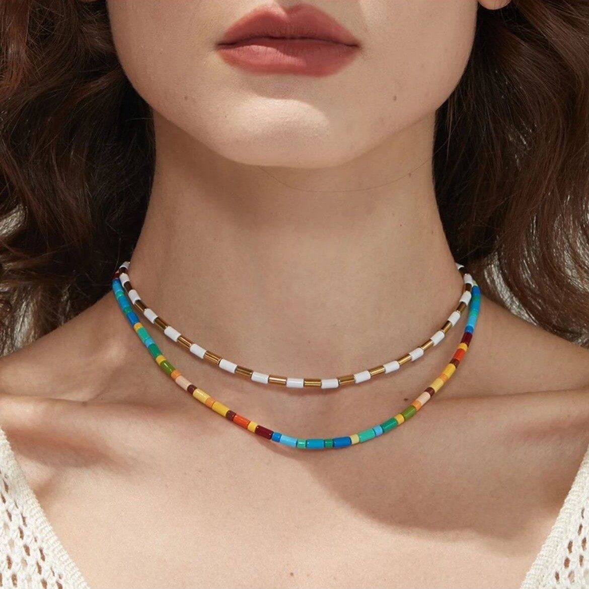 白百何同款~彩色烤瓷串珠项链女小众设计高级时尚撞色锁骨链颈链
