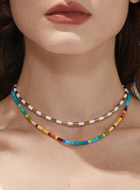 白百何同款~彩色烤瓷串珠项链女小众设计高级时尚撞色锁骨链颈链