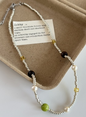 天然石虎眼石日本进口米珠手工串珠项链女度假风百搭叠戴锁骨链