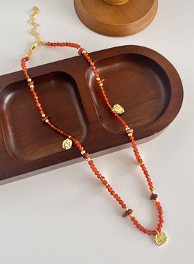 新年红天然红玛瑙项链新中式雕刻纹理小众设计串珠锁骨链手链女
