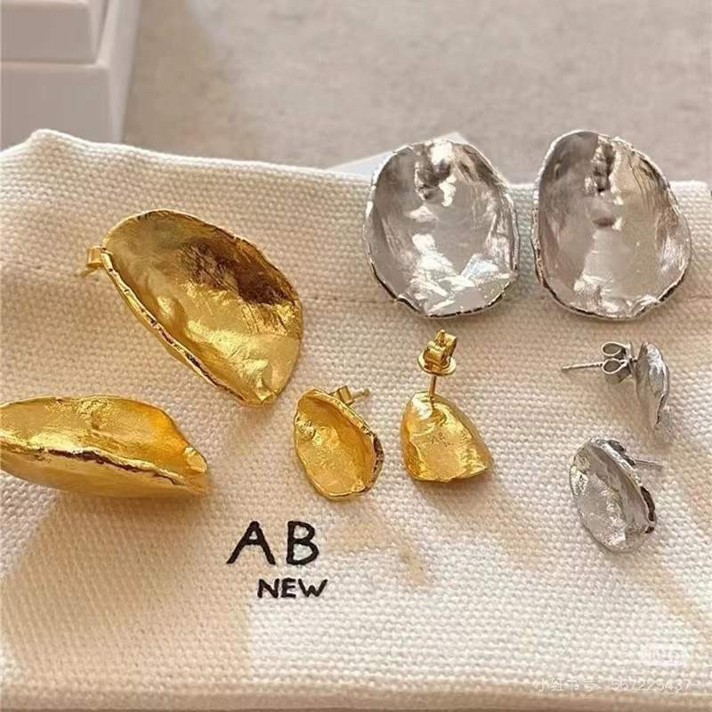 日韩ins复古AB设计感肌理感不规则弧面金属耳钉女冷淡风s925银针