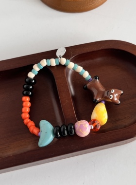 小众设计手工陶土黑玛瑙小丑狗手链女彩色多巴胺童趣撞色叠戴手串