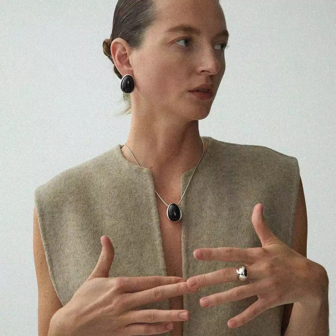 欧美复古黑玛瑙水滴吊坠项链女小众设计高级感夸张黑色椭圆耳钉