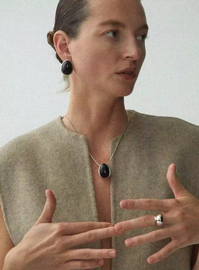 欧美复古黑玛瑙水滴吊坠项链女小众设计高级感夸张黑色椭圆耳钉