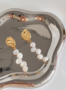 天然淡水异形花瓣珍珠耳环不规则复古电镀18k金双面银针925银针