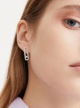 锆石镶钻回形针耳钉女欧美时尚ins2021年新款L形别针耳环S925银针