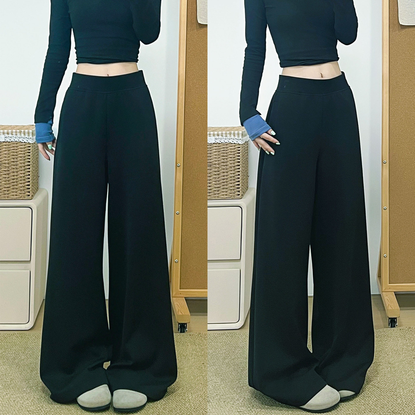 黑色奶皮面膜阔腿裤女春秋宽松垂感显瘦瑜伽运动裤夏季休闲直筒裤图片