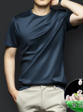 高端桑蚕丝夏季男士短袖T恤圆领真丝半袖体恤衫冰丝2025新款夏装