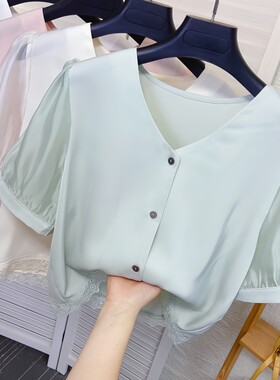 欧根纱短袖V领醋酸缎面雪纺衫女